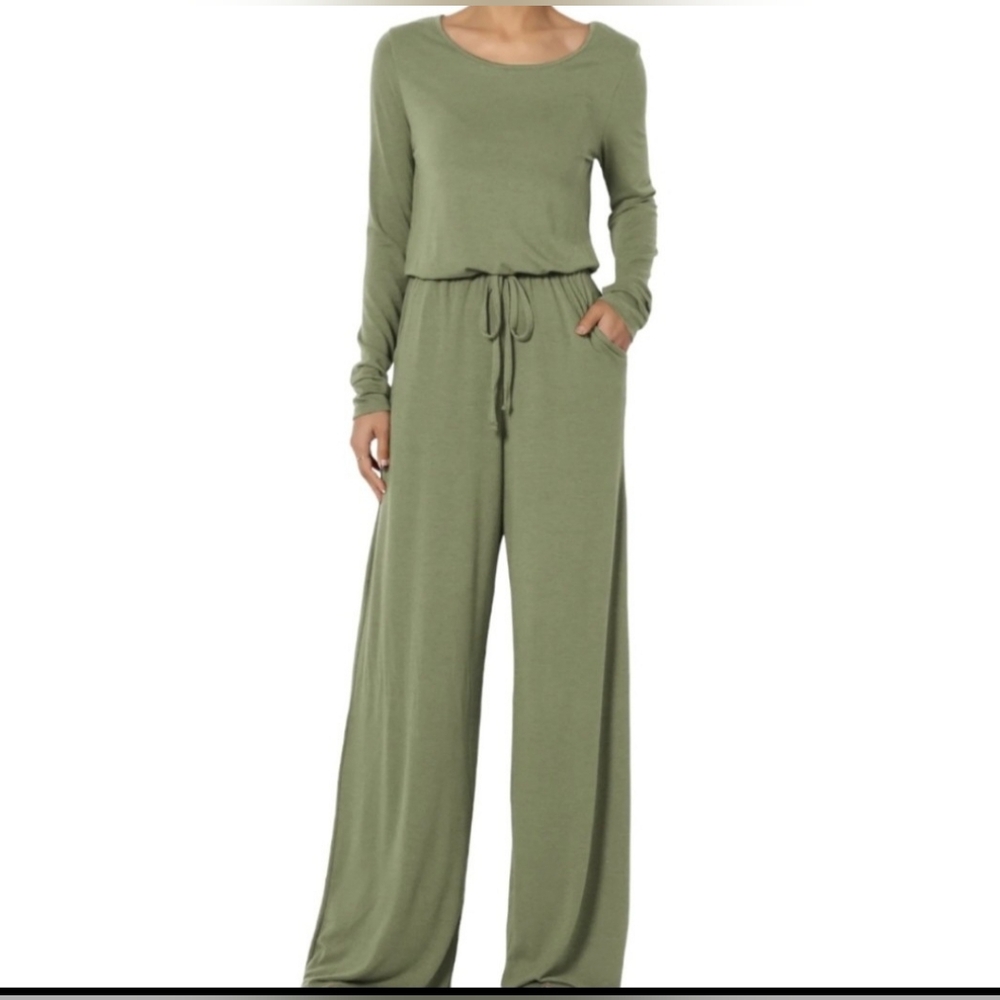 Zenana Premium | Olive Green Wide-Leg Jumpsuit | Long Sleeve | Pockets